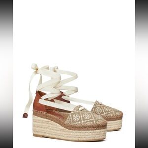 Tory Burch Cream and Brown Espadrille Wedges